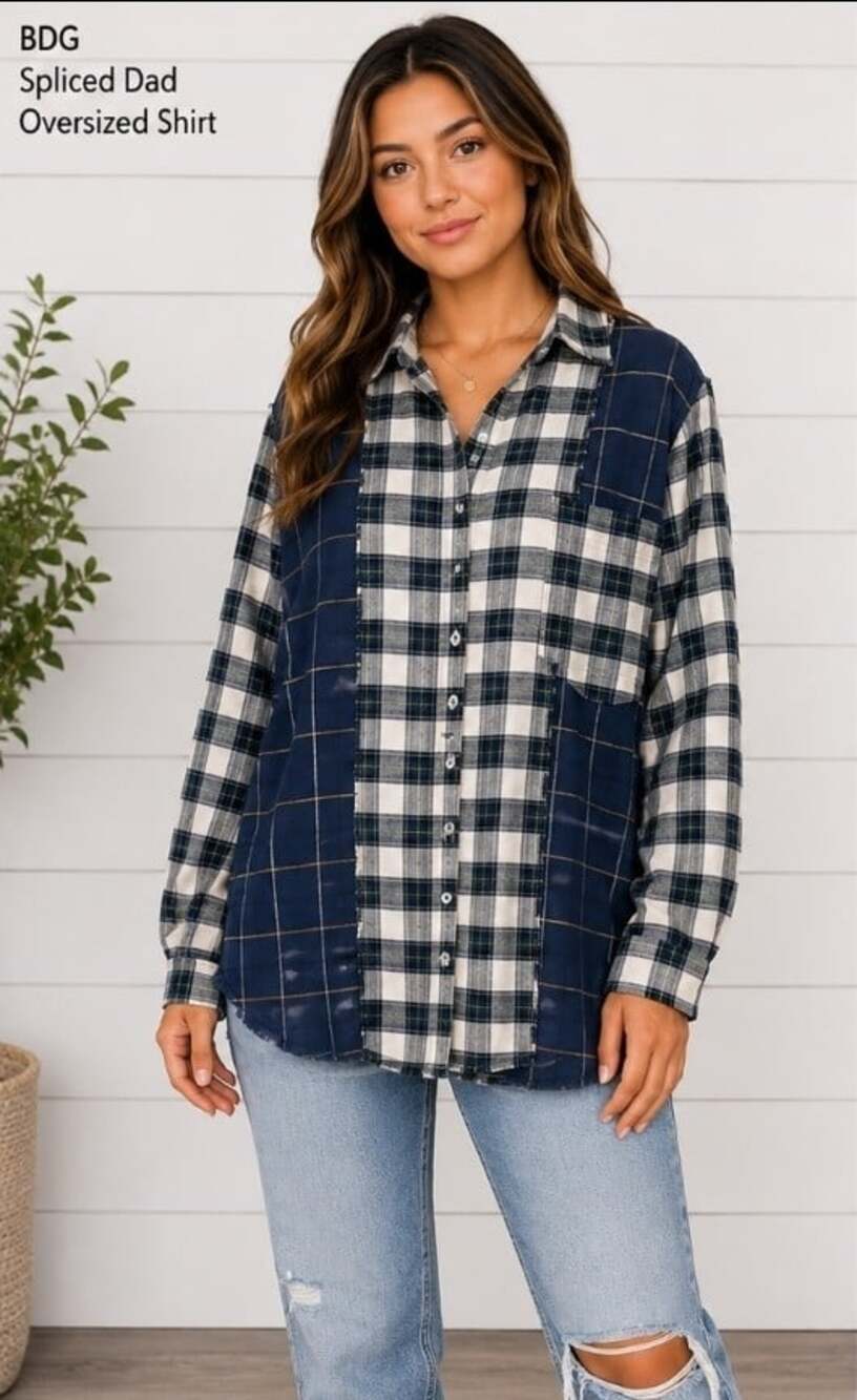 BDG Spliced Dad Button Down Plaid Patchwork Shirt Oversized Sz M Grunge T80 New